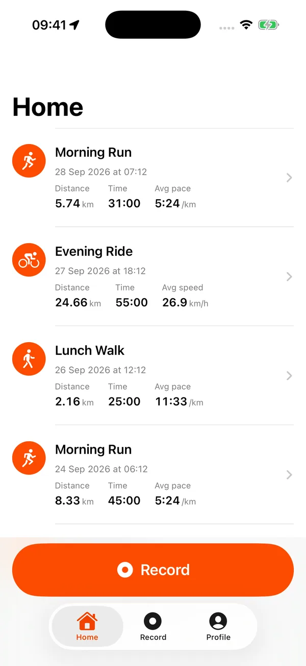 Home feed listing recorded runs, rides and walks