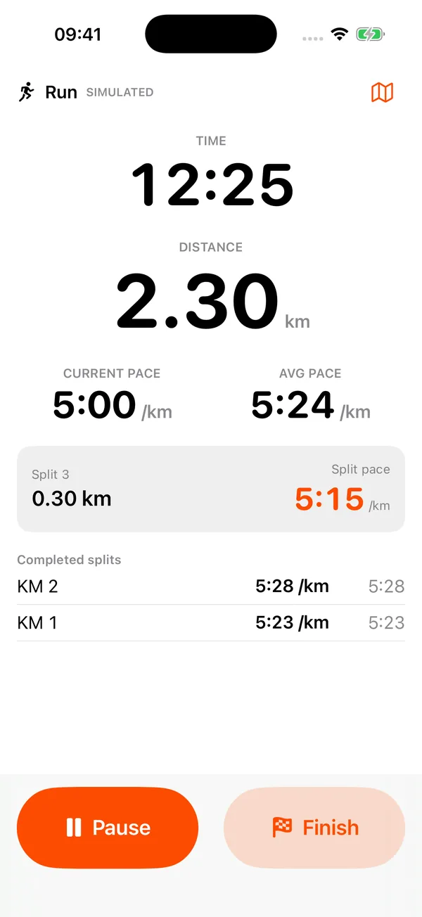 Live recording screen showing time, distance, pace and splits